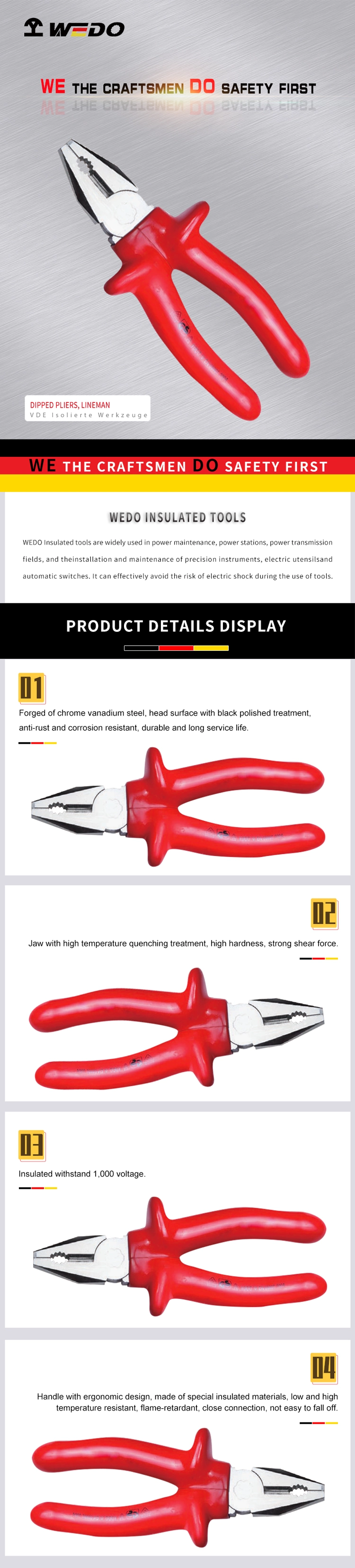 Wedo Insulation VDE Dipped Lineman Pliers for Electrician Use
